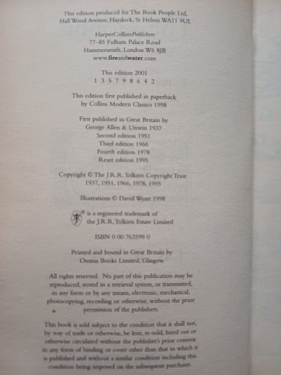 The Hobbit by JRR Tolkien (Fantasy Hardback 2001)