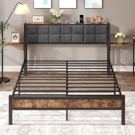 King Size Bed Frame with Storage,Metal Bed Frame Kingsize Bed Upholstered Platform Bed with Charge Station and USB Ports,Removable Bedside Shelf,Easy Assemly,Black + Grey