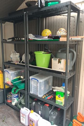Two 5 Tier plastic shelving units, black plastic