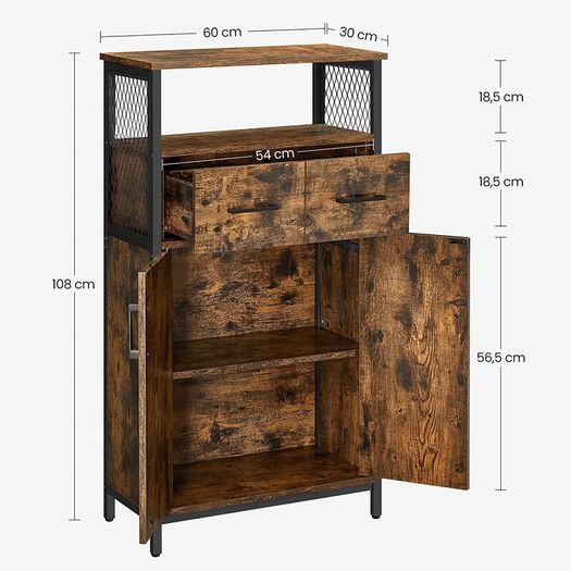 Bathroom cabinet, sideboard, storage cabinet, adjustable shelf, steel frame, for living room, kitchen, industrial style, vintage brown-black
