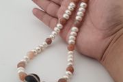 Authentic Fresh Water Pearls &amp; Moon Stone With Melon Shape Agate Gemstone Pendant Necklace
