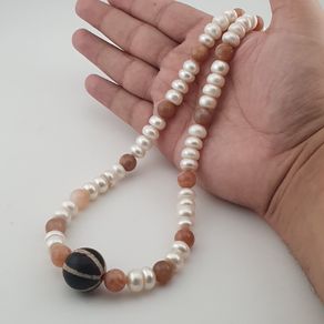 Authentic Fresh Water Pearls & Moon Stone With Melon Shape Agate Gemstone Pendant Necklace