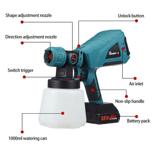 88VF 1500W 1000ML Cordless Electric Spray Gun with 3Nozzle Flow Control Airbrush High Power Paint Sprayer For Makita 18V Battery