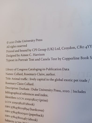 Animal Traffic/ Lively Capital in the Global Exotic Pet Trade/ Rosemary- Claire Collard/ 2020/ Duke University Press