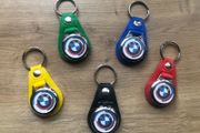 Synthetic leather BMW 50 years key ring with shopping trolley token/coin