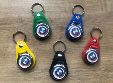 Synthetic leather BMW 50 years key ring with shopping trolley token/coin