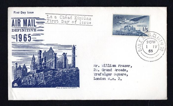 1965 Ireland 1s5d Airmail Stamp Angel Victor Illustrated (Rock of Cashel) Addressed First Day Cover (FDC) with Baile Atha Cliath (Dublin) cancel