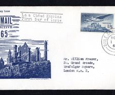 1965 Ireland 1s5d Airmail Stamp Angel Victor Illustrated (Rock of Cashel) Addressed First Day Cover (FDC) with Baile Atha Cliath (Dublin) cancel