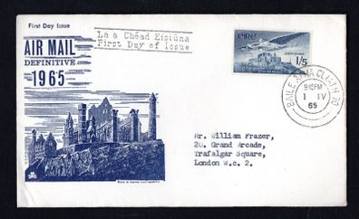 1965 Ireland 1s5d Airmail Stamp Angel Victor Illustrated (Rock of Cashel) Addressed First Day Cover (FDC) with Baile Atha Cliath (Dublin) cancel