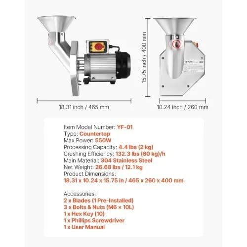 550W Electric Fruit Apple Crusher, SUS304 Desktop Crushing Machine, Grinds Whole Apples Up to 70mm Dia, 60 KG/H Capacity, Cider Press for Apples, Pears, Pineapple, Guava, Carrot, Potato