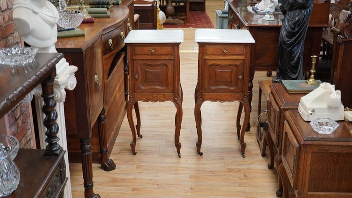 Pair of Antique Oak Marble Top Bedside Cabinets