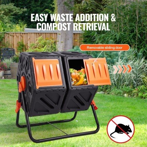 Compost Bin, 140.1L Dual Chamber Composting Tumbler, High Volume Two Rotating Chambers with 2 Sliding Door and Steel Frame