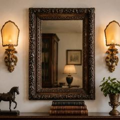 Vintage Ornate Mirror & Pair of Italian Gilt Wall Sconces  Complete Set