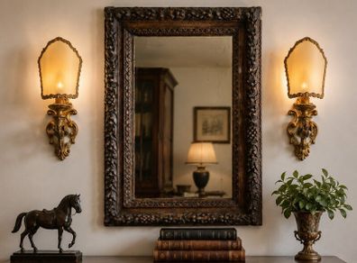 Vintage Ornate Mirror & Pair of Italian Gilt Wall Sconces  Complete Set