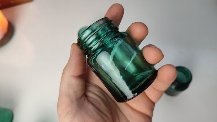 235 - Beautiful Set of 3 1950s Vintage Turquoise Glass Bottom Embossed Letters Science Medicine Pills Chemicals Collectible Decorative Jars