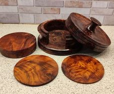 Vintage Hand Turned Burr Wood Coaster Set Solid Timber 7 Piece Mint Condition