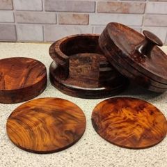 Vintage Hand Turned Burr Wood Coaster Set Solid Timber 7 Piece Mint Condition