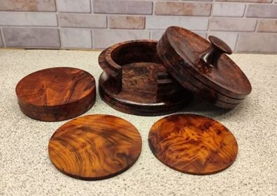 Vintage Hand Turned Burr Wood Coaster Set Solid Timber 7 Piece Mint Condition