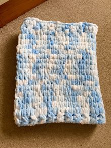 Handknit baby blanket super soft chenille yarn baby blue and white mix.