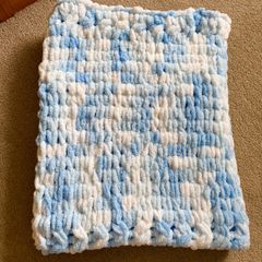 Handknit baby blanket super soft chenille yarn baby blue and white mix.