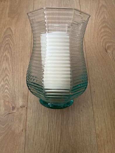 Large 8.5" tall flarred scalloped Aqua Glass Candle Holder or Vase with LED Candle
