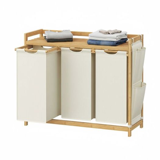 Bamboo Laundry Sorter with 3 Removable Bags and Storage Shelf 150L