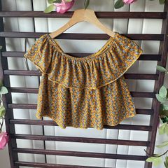 topshop off shoulder mustard patterned top size 8