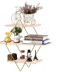 BRAND NEW Wall Mounted Metal Diamond Floating Shelves Wooden Holder Rack Storage Shelf for Bedroom Livingroom Office Organizer Decor