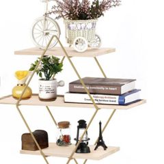 BRAND NEW Wall Mounted Metal Diamond Floating Shelves Wooden Holder Rack Storage Shelf for Bedroom Livingroom Office Organizer Decor