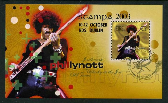 2003 Ireland Stampa Public Souvenir Phil Lynott Miniature Sheet Overprinted for Stampa Used with show Cancel (butterfly) 10th October 2003.