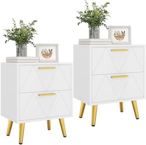 2-Drawer Bedside Table Set of 2, Small Bedside Storage Cabinet with Storage, Nightstand End Table for Living Room Bedroom Office, 40x30x52cm, White & Gold