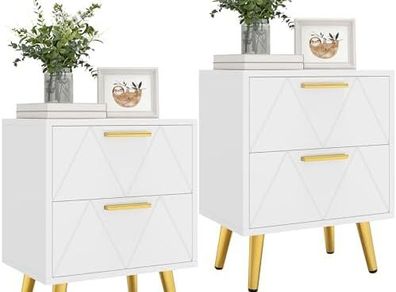 2-Drawer Bedside Table Set of 2, Small Bedside Storage Cabinet with Storage, Nightstand End Table for Living Room Bedroom Office, 40x30x52cm, White & Gold