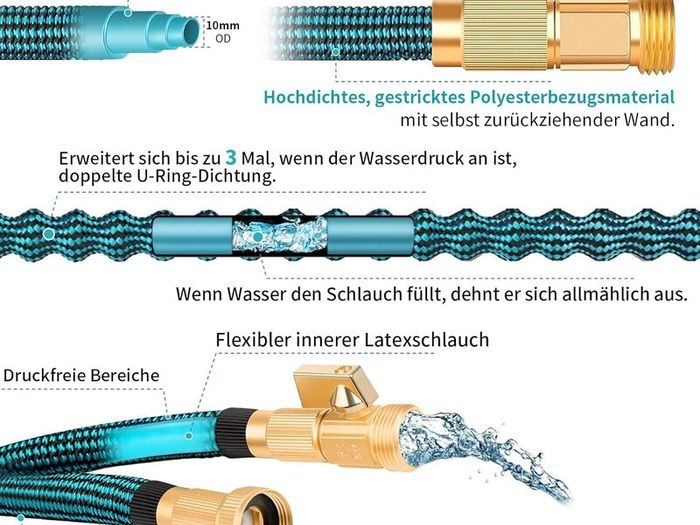 Flexible Garden Hose 30 m / 100 ft Expandable Water Hose Flex Hose with 10 Spray Patterns, 3/4 & 1/2 Adapter, A Flexible Hose for Garden, Car, for Washing and Watering