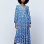 Zara blue print midi dress with puff sleeves size XS Image 3