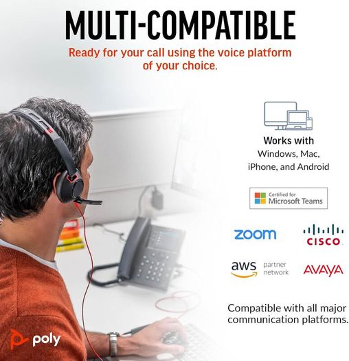 Poly (Polycom) Blackwire 5220 Wired Headset - Flexible Noise-Canceling Boom Mic - Ergonomic Design - Connect to PC/Mac, Mobile via USB-A, or 3.5 mm - Works w/Teams, Zoom/ Used