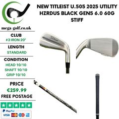 New Titleist U.505 2025 Utility #3 Iron 20 Degree / Hzrdus Black Gen5 6.0 60G Stiff