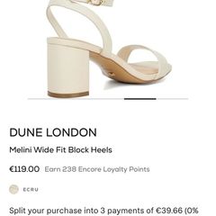 Dune London Cream Wide Fit Melini Block Heel Sandals (Size UK 7)
