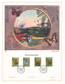 1981 Great Britain Limited Edition Lithographed Print measuring 333mm X 257mm showing British Butterflies Commemorative stamps with First Day of Issue Cancel