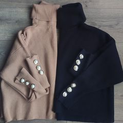 Zara Oversized Camel and Navy Knit Turtleneck Jumpers with Faux Pearl Cuffs