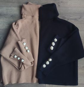 Zara Oversized Camel and Navy Knit Turtleneck Jumpers with Faux Pearl Cuffs