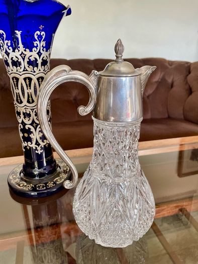 Antique Vintage Silver Plated Crystal Glass Claret Jug Pitcher