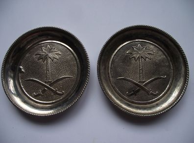 Two Vintage Metal Small Plates with Saudi Arabian coats of arms