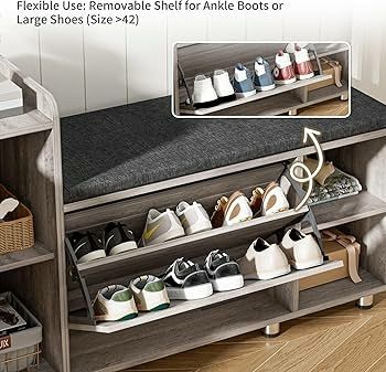 Shoe Storage Bench with Cushion, Grey Shoe Bench 105cm Lounge with 2 Shelves and 4 Compartments, Hallway Storage Unit with Seat, Living Room