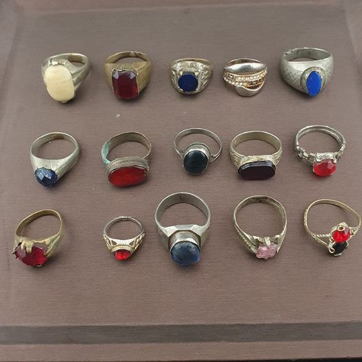 Antique Lot of 15 Handmade Brass Rings Mixed Gemstone & Glass Designs