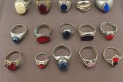Antique Lot of 15 Handmade Brass Rings Mixed Gemstone &amp; Glass Designs