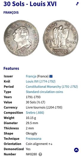 Royal France 1792 Louis XVI (30 Sols) VF