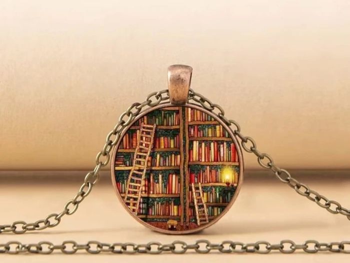 Book print round necklace