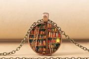 Book print round necklace