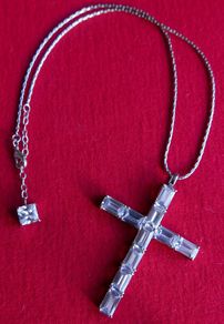 Vintage Large Diamond Style Bling Choker Necklace, Silver Crystal Crucifix Cross