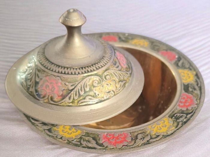 Vintage Brass Enamel Trinket Bowl With Lid For Sale